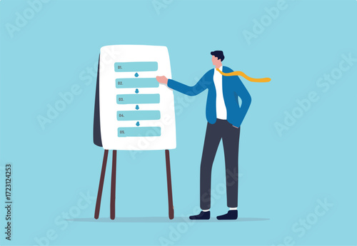 Procedure and workflow, planning process or sequence to finish project, standard or company policy, business outline to step by step, businessman leader present workflow and procedure in meeting