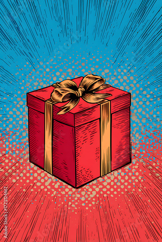 Colorful gift box with a shiny bow against a vibrant comic-style background