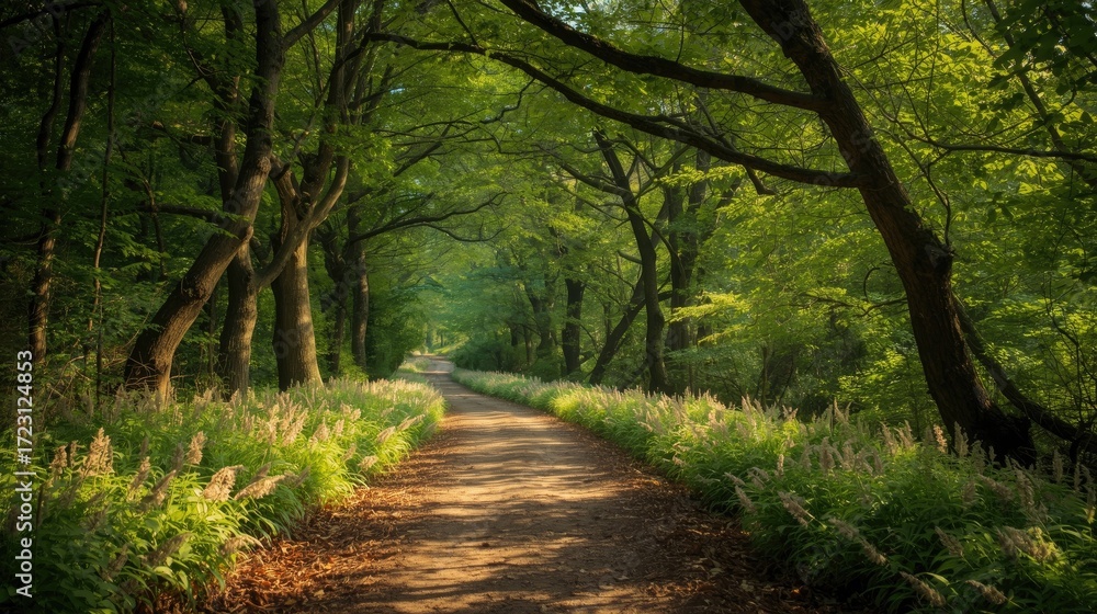 Naklejka premium A sun-drenched forest path winds through a canopy of lush green trees, bathed in soft morning light.