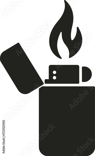 Black silhouette icon of an open lighter with a flame fire ignition