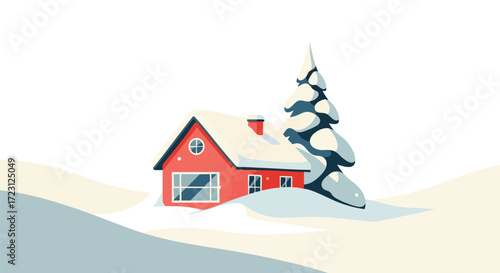 Charming winter scene with cozy red house nestled beside snow covered pine tree creating a peaceful holiday ambience for greeting cards
