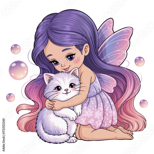 Little fairy girl with a white cat surrounded by bubbles in a whimsical garden setting