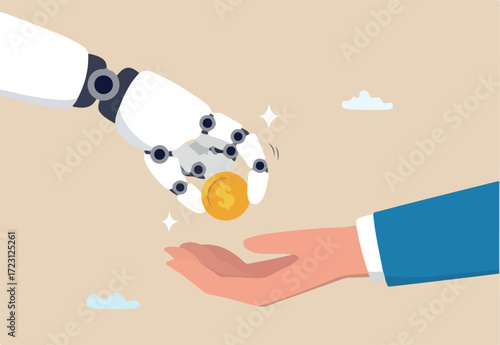 Artificial intelligence AI make money, data licensing resource for AI training payment, automation investment, robot trading or banking concept, AI robot hand giving dollar money to businessman