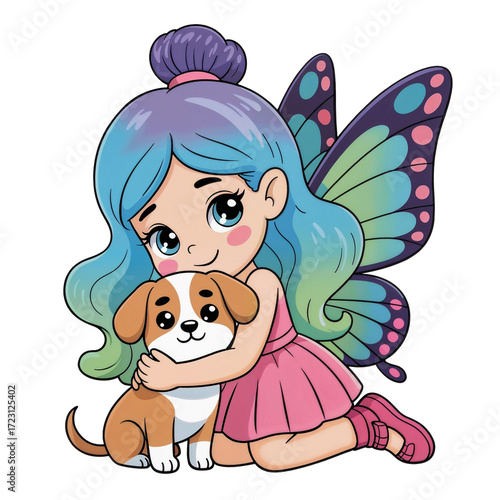 Girl with colorful wings hugs her adorable puppy in a whimsical cartoon scene full of joy