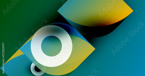 Abstract composition featuring overlapping shapes, vibrant colors. Green background contrasts with yellow, blue, white elements. Modern design.