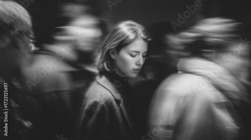 Young woman with closed eyes standing among blurred figures in a busy urban environment capturing the essence of solitude amidst chaos and movement in monochrome tones.