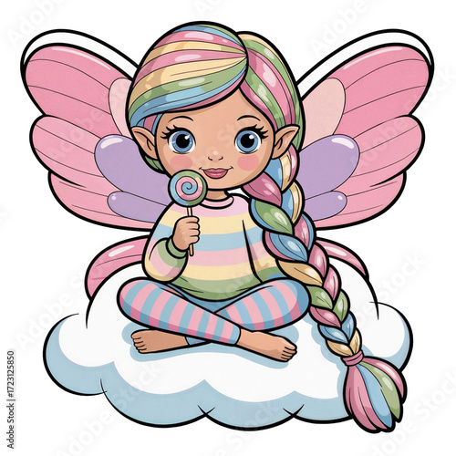 Colorful fairy character sitting on a cloud holding a lollipop, cheerful and whimsical design