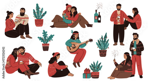 Cozy couples and friends celebrating holidays together with drinks, gifts, and festive lights creating warm winter vibes
