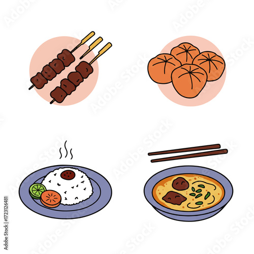 Delicious Asian Cuisine Icons Satay, Steamed Buns, Rice, Soup, and Chopsticks for Culinary Design
