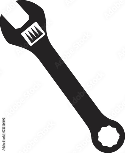 Black Silhouette of an Adjustable Wrench with Serrated Jaw on White Background Keywords: wrench