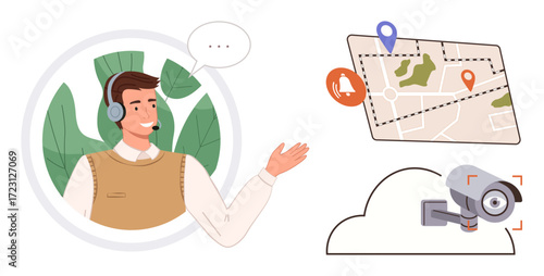 Customer service agent wearing a headset interacts virtually, map navigation with pins and alerts, cloud-connected surveillance camera. Ideal for customer service, navigation, security, technology