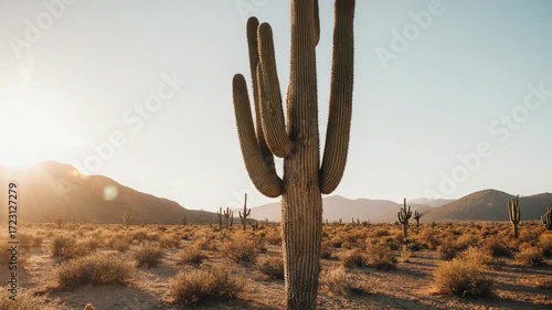 Desert Landscape with Saguaro Cactus at Sunset
