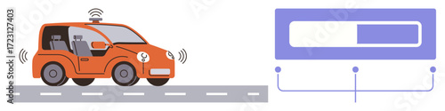 Orange driverless car emitting connectivity signals while driving on a road next to a minimalist progress bar. Ideal for technology, AI, automation, transportation, innovation, future, smart devices