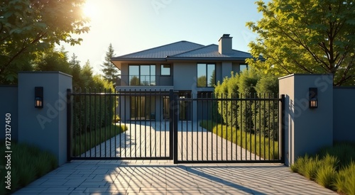 Modern suburban house behind tall metal security gate