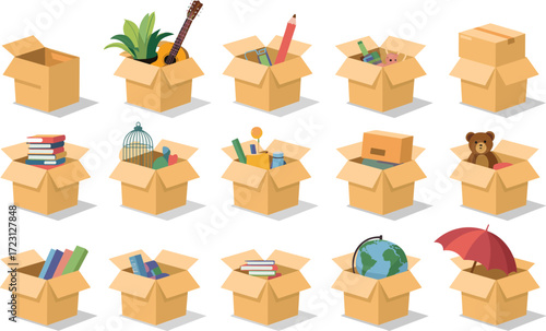 Collection of open cardboard boxes filled with various items container package
