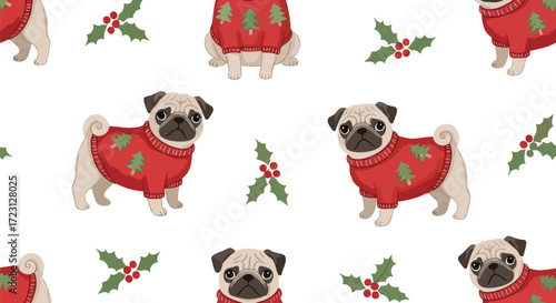 Festive pug puppies in Christmas sweaters create a joyful holiday pattern, perfect for seasonal designs and cheerful celebrations on a white backdrop