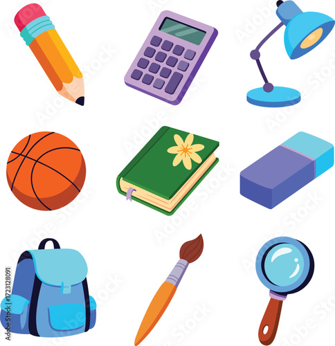 Collection of school and sports supplies on a white background pencil eraser