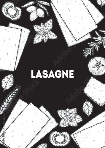 Traditional Italian pasta sketch. Lasagne frame. Italian food. Staple food. Hand drawn vector illustration. Background for packaging, menu. Top view. Not AI
