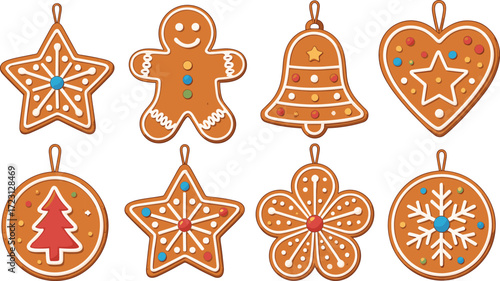 christmas gingerbread cookies, festive holiday treats, hanging ornaments, decorated icing shapes, seasonal sweets, winter celebration clipart