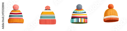 Winter Hat Collection: Four Colorful Knitted Hats with Pom-poms