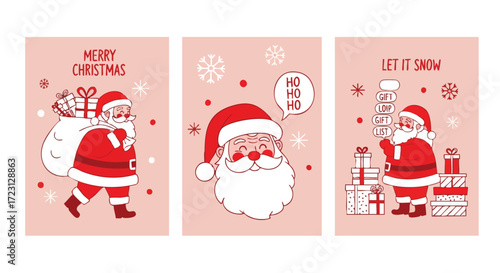 Delightful Santa Claus illustrations spreading holiday cheer with gifts, snowflakes, and festive greetings for joyful Christmas promotions