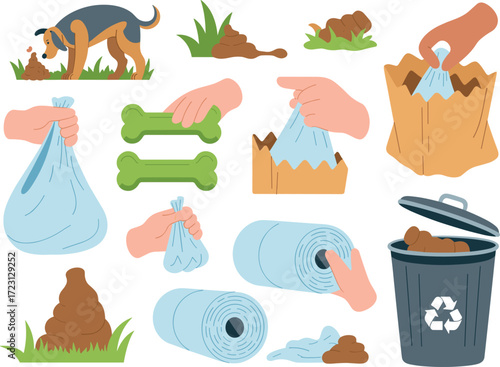 Dog waste cleanup process and supplies on a white background poop scooping