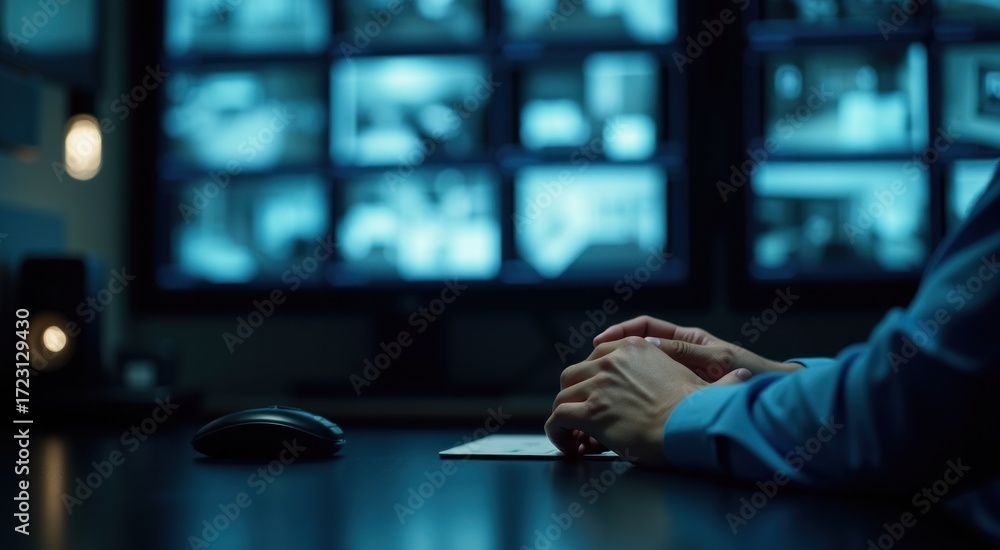 Obraz premium Security guard’s hands on desk in front of multiple surveillance monitors