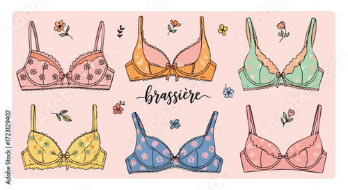 Charming floral bras collection on soft pink backdrop, perfect for fashion blogs or feminine brands seeking a touch of whimsy and elegance