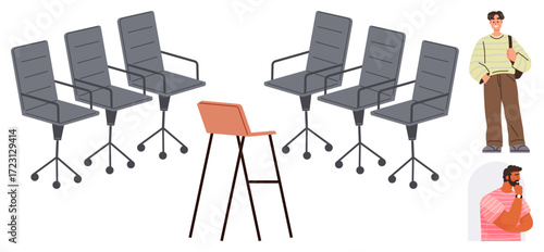 Office chairs arranged around a standout chair, with two individuals observing. Ideal for teamwork, leadership, brainstorming, diversity, decision-making, strategy collaboration. Simple flat