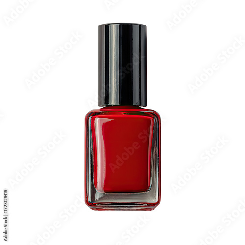Red nail polish bottle, glossy, rectangular, black cap