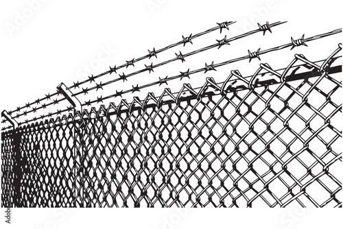 Closeup of a chainlink fence with barbed wire on top