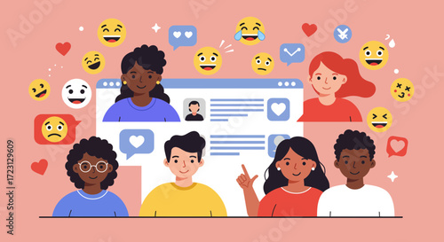 Diverse group of people surrounded by social media icons and profile.