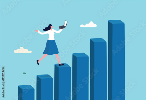 Growth or improvement, progress on career path to achieve business goal, motivation to success, step to skill development concept, businesswoman working on laptop walk up growing graph and chart.