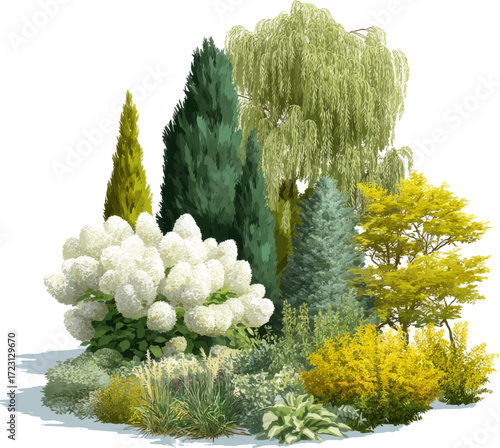 A landscape design plan with various types of evergreens, coniferous shrubs, and flowers in white hydrangeas, yellow golden polygonum