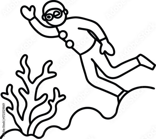 diver exploring coral reef underwater line art
