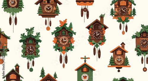 Charming collection of vintage cuckoo clocks adorned with playful forest motifs, bringing whimsical woodland charm to any space.