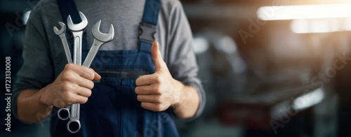 The Mechanic Holding Wrenches and Giving Thumbs Up in Auto Repair Workshop