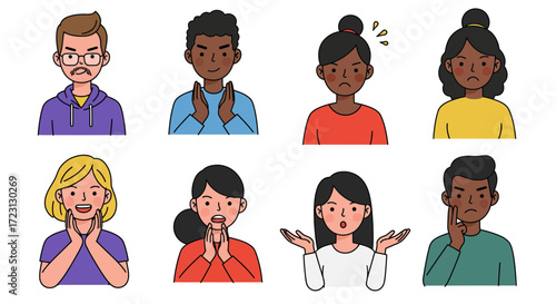 Diverse group of people expressing various emotions and feelings.