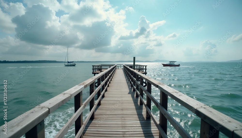 Obraz premium Scenic wooden pier extending over calm ocean waters under cloudy sky 