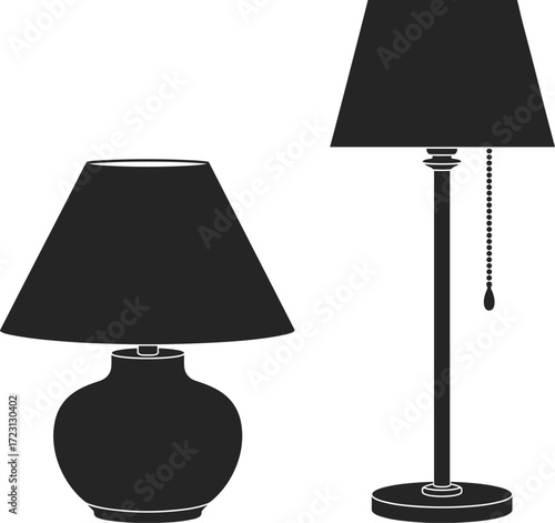 Silhouettes of a table lamp and a floor lamp with pull chain lighting light