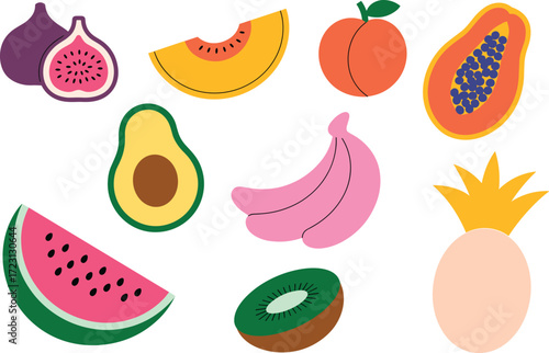 colorful fruit illustration, tropical fruits, healthy food clipart, summer produce, fresh organic drawing, vibrant juicy design