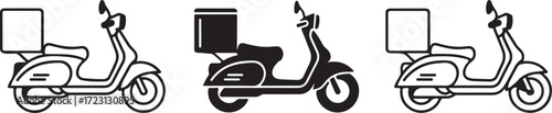 Illustration of set of three scooter icons with delivery box, isolated on white background