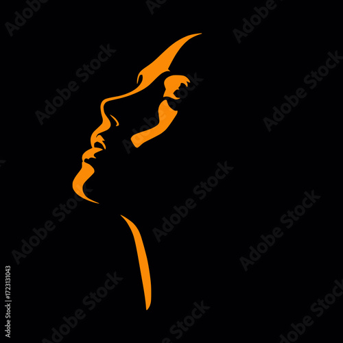 Illustrazione artistica minimalista di volto femminile di profilo in silhouette arancione su sfondo nero
