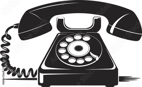 Vintage Rotary Dial Telephone Silhouette Black and White Graphic Keywords: vintage telephone