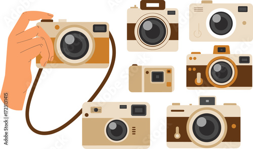 vintage camera illustration, retro photography gear, classic design, hand holding camera, beige tones, nostalgic style, photo equipment