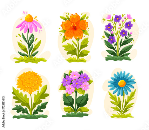 set of bright flowers with green leaves. Cartoon vector floral illustration for summer, nature and garden decoration.