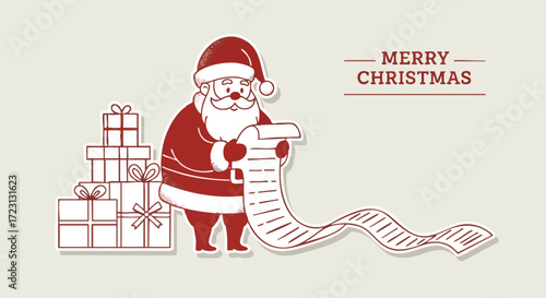 Jolly Santa Claus with a long gift list and stack of presents wishes everyone a very Merry Christmas season
