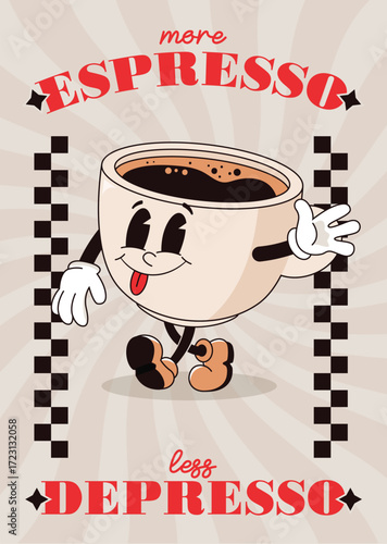 Vintage groovy espresso coffee mascot poster