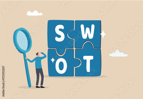 SWOT analysis, analyze strength, weakness, opportunity and threat to win market competition, improve product by SWOT matrix, benchmark or measurement, businessman magnify analyze SWOT business jigsaw.