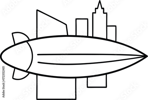 floating airship above futuristic city line art